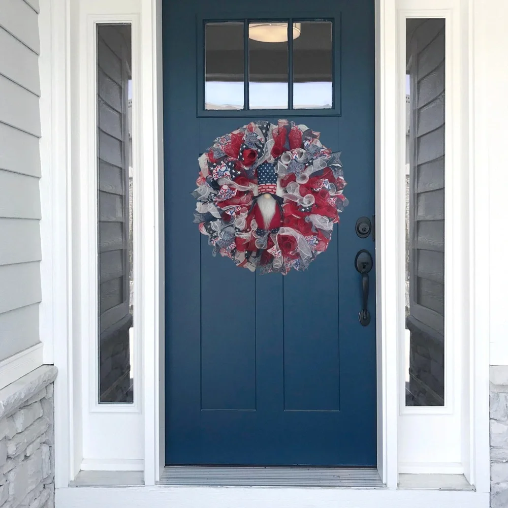 Patriotic Gnome Wreath Red White Blue Americana Summer Door Decor 27 inch